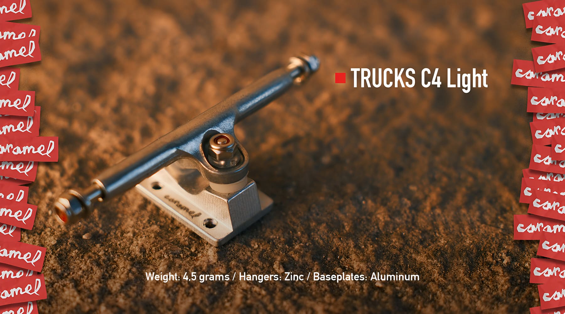 Skateboard truck labeled 'TRUCKS C4 Light' on a brown textured background with 'coramde' branding.