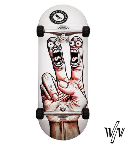 White 34mm Mike FB x Caramel Screaming Fingaz fingerboard with a peace sign graphic featuring screaming fingers.