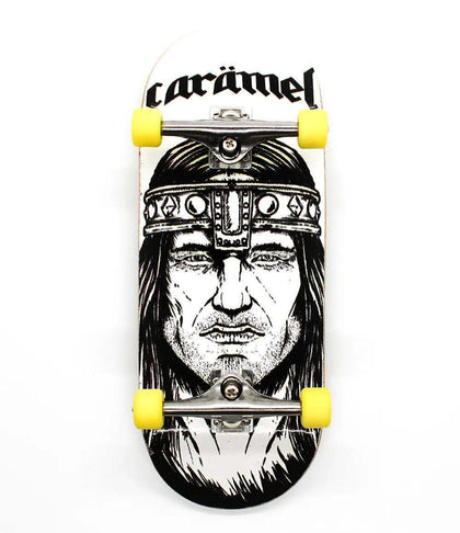 White Street x Caramel Conan 36mm fingerboard with black Conan graphic, silver trucks, and yellow wheels.