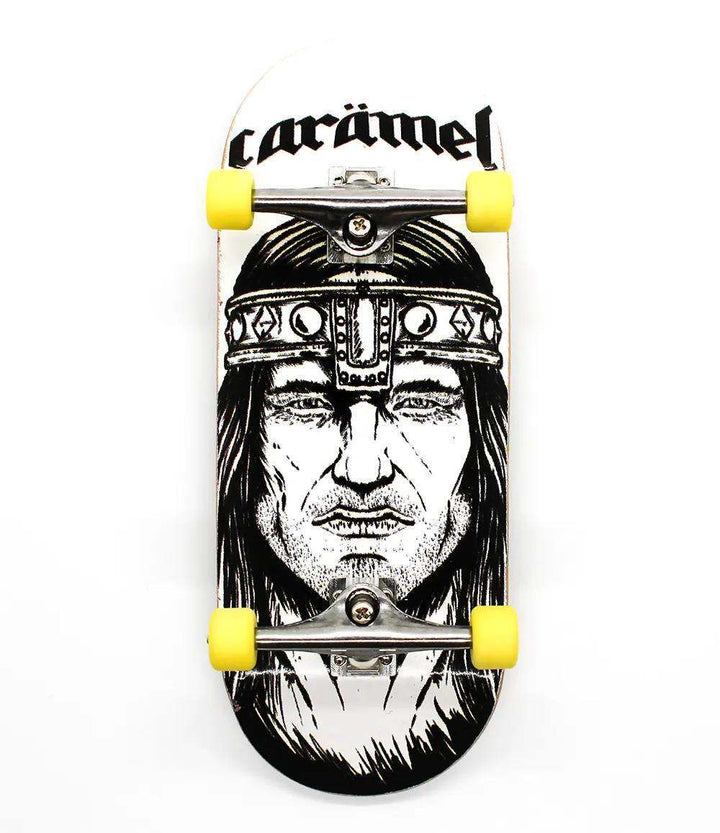 White Street x Caramel Conan 36mm fingerboard with black Conan graphic, silver trucks, and yellow wheels.
