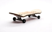 Mike FB x Caramel "Hello My Name" 34mm complete fingerboard with natural wood deck and black trucks/wheels.