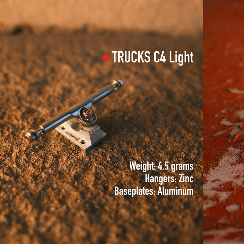 Skateboard truck on a textured brown surface with product details text overlay.