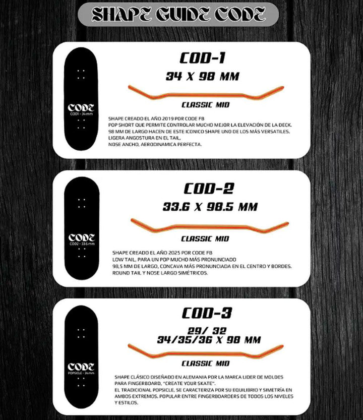 Code Fingerboard Shape Guide Cod-1 Cod-2 Cod-3 - Caramel Fingerboards - Fingerboard store