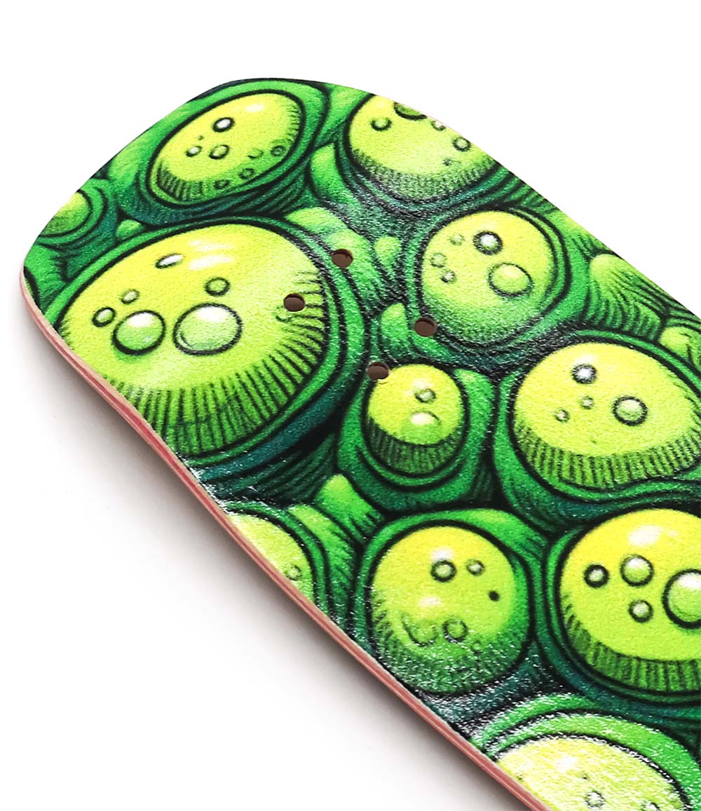 Kinkpin Pickle Fingerboard Deck 34mm, green and yellow inverse hybrid wood deck with a bubbly graphic.