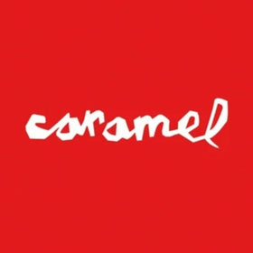 White paper-cut style Caramel logo on a solid red background