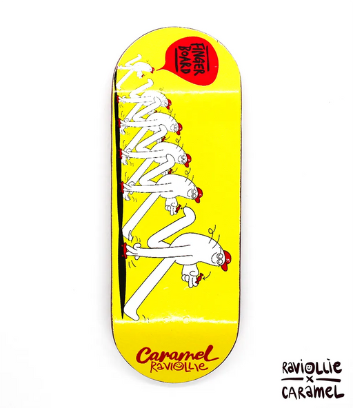 Skateboard deck with cartoon character design on a yellow background
